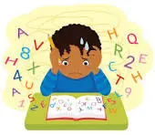 Criança com dificuldade de leitura e letras ao redor, representando dislexia em crianças